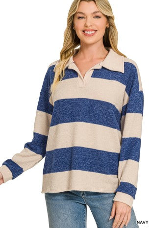 Navy Stripe Hacci Collar Top