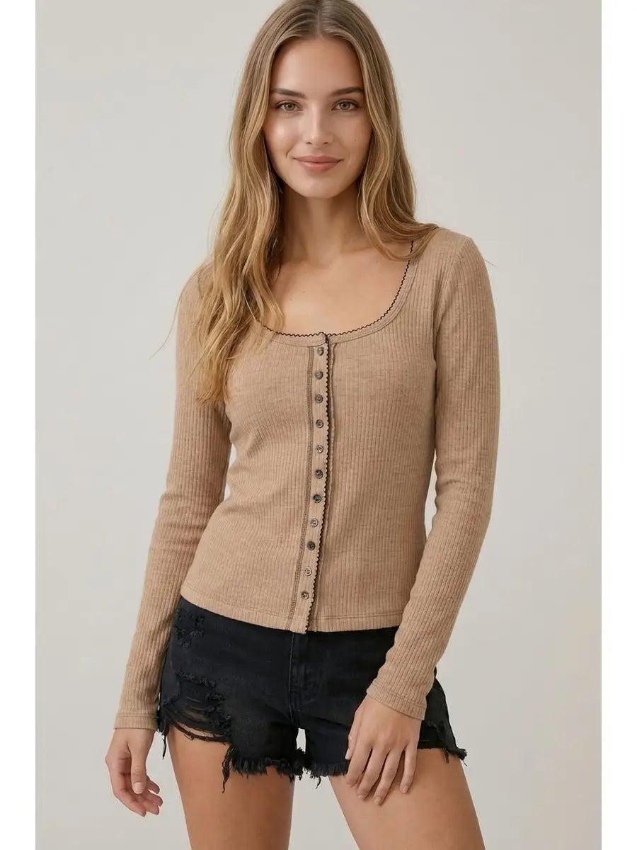 Ribbed Square Neck Button Front Top