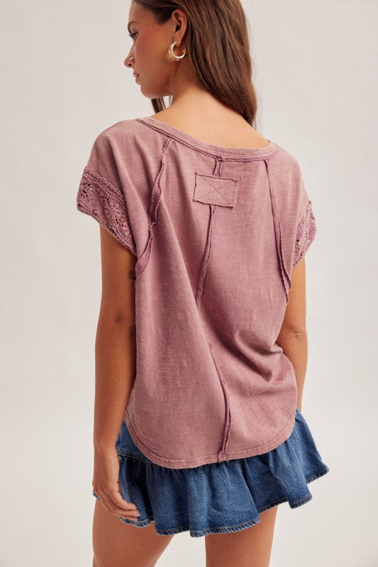 Crochet Sleeve Detail Mulberry Washed Top