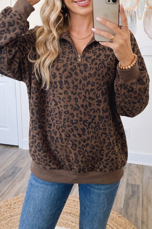 Brown Corduroy Leopard Half Zip