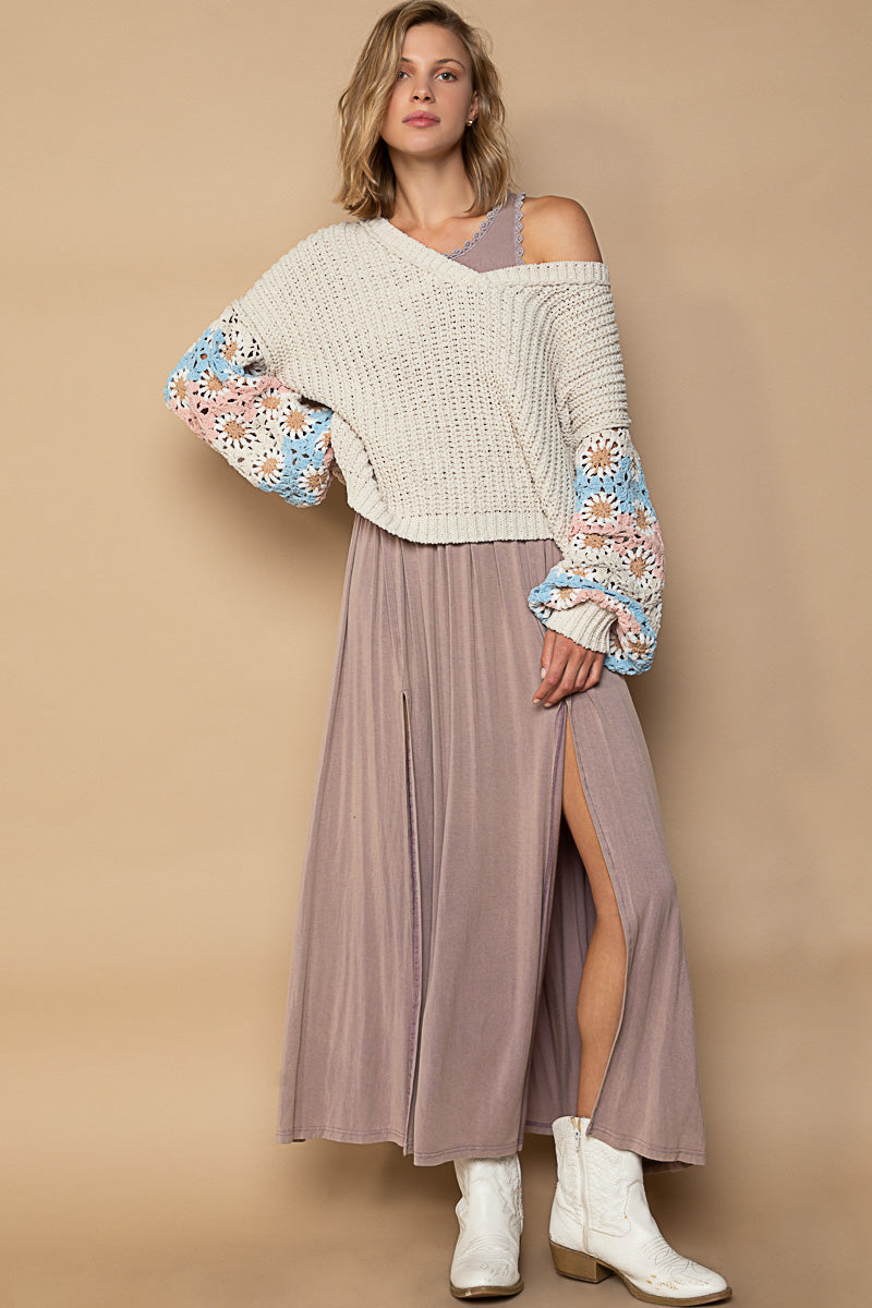 V Neck Chenille Crochet Sweater