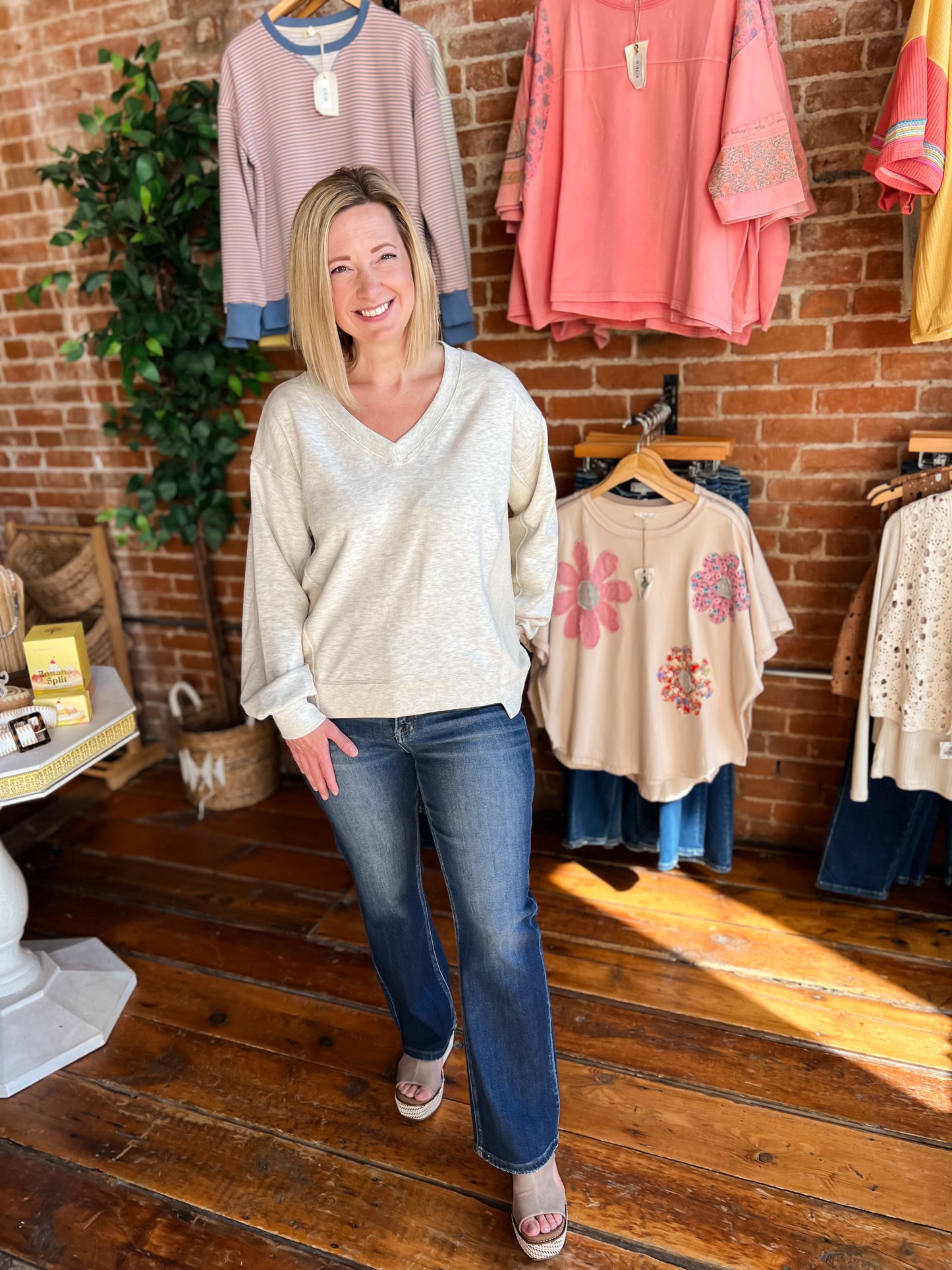 V Neck Drop Hem Sweatshirt