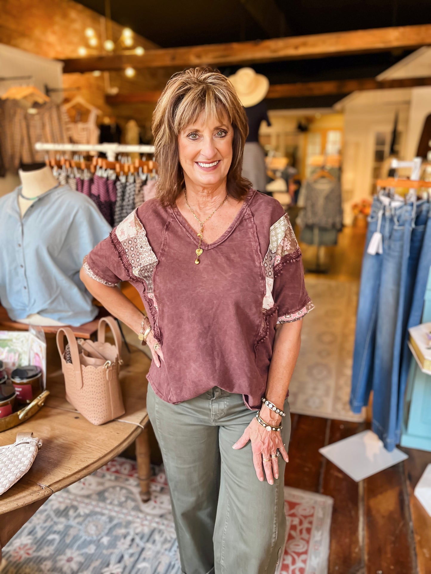 Mineral Wash Patchwork Hot Cocoa V Neck