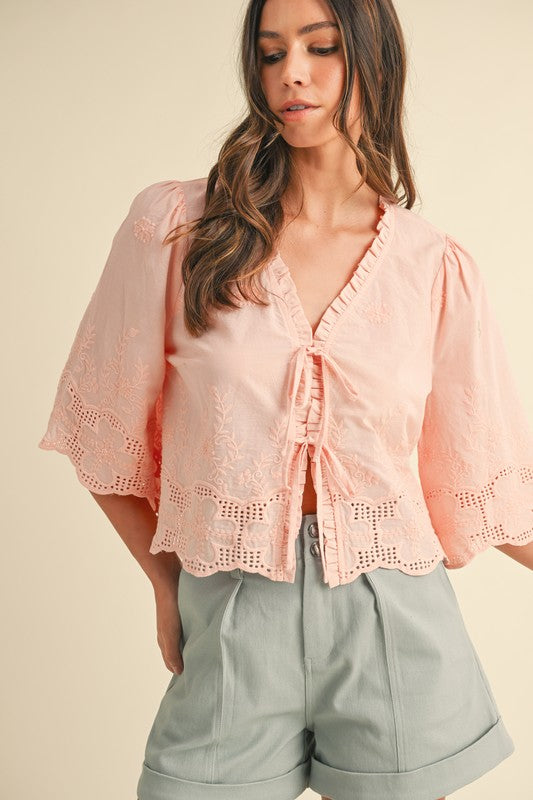 Cotton Embroidered Tie Front Top