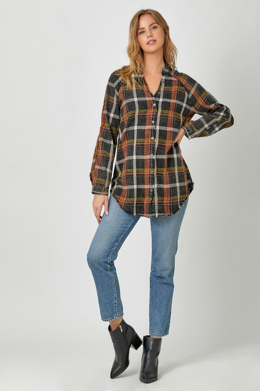 Washed Black Mix Flannel Hoodie