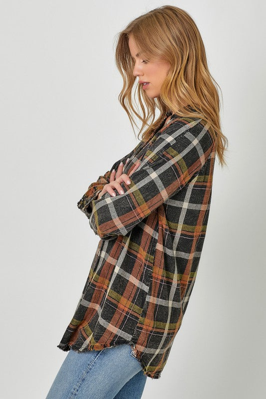 Washed Black Mix Flannel Hoodie