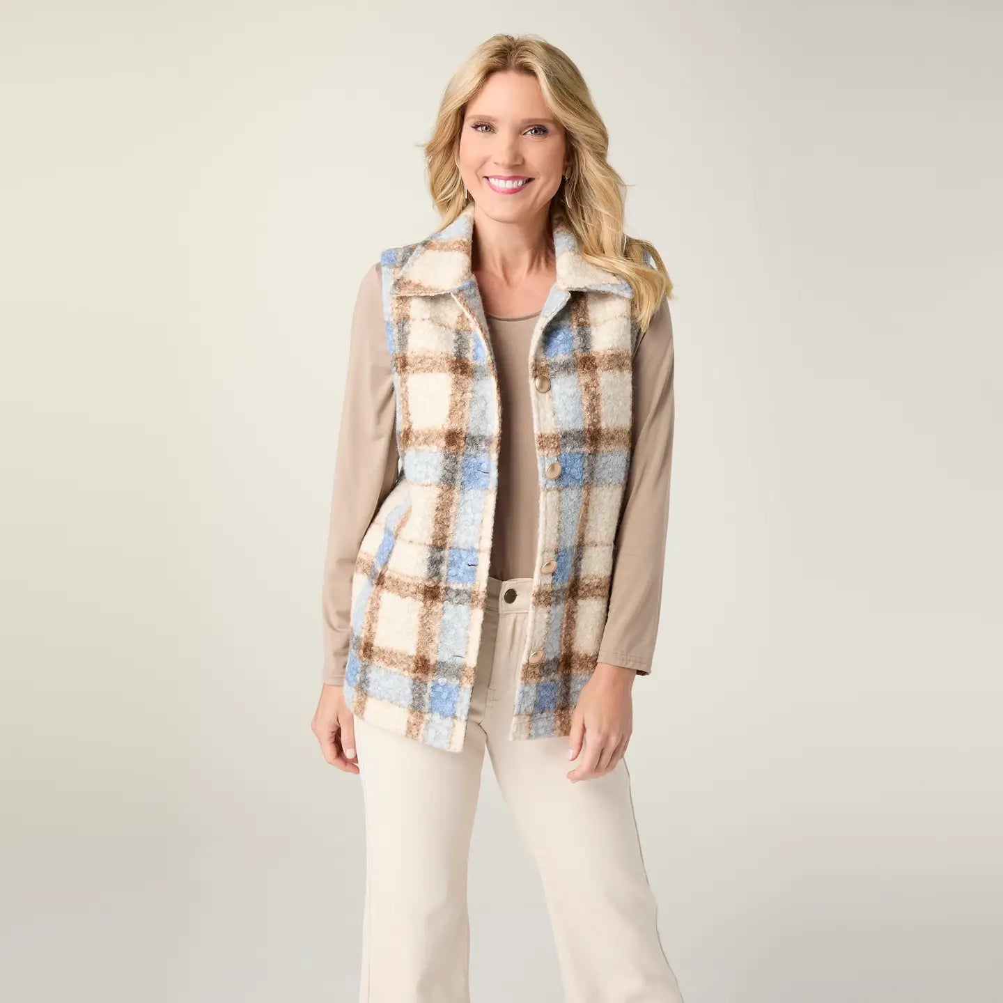 Plaid Sherpa Vest Dusty Blue
