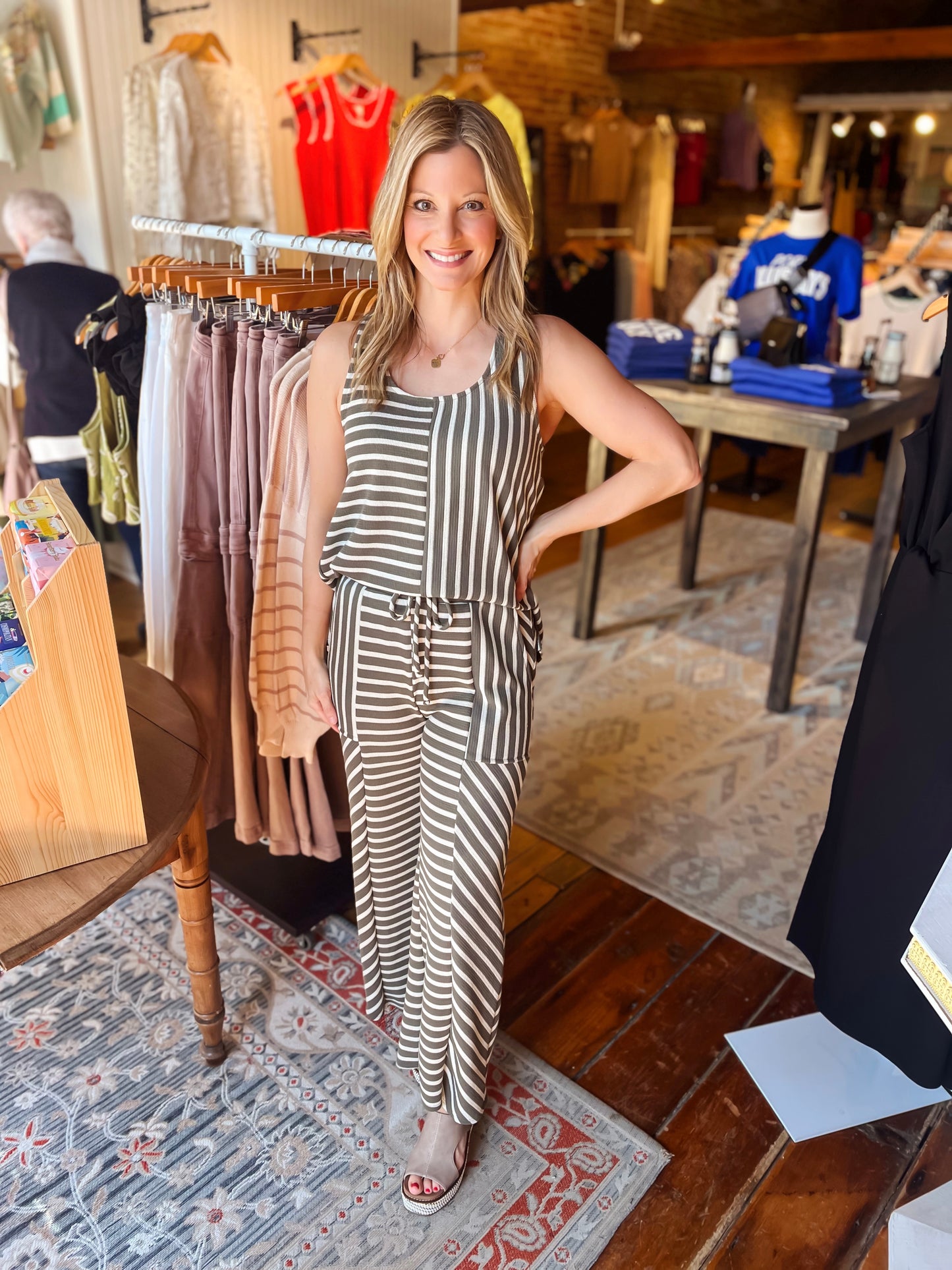 Olive-cream stripe top