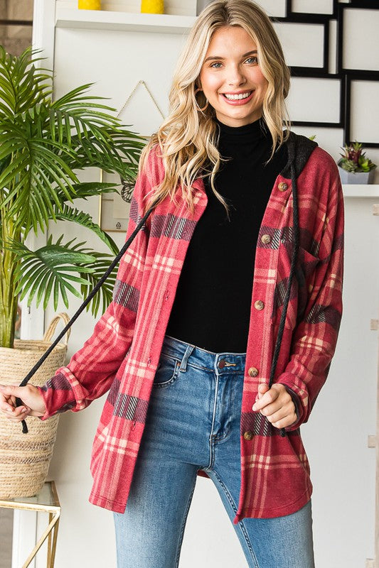 Button Down Plaid Hooded Jacket