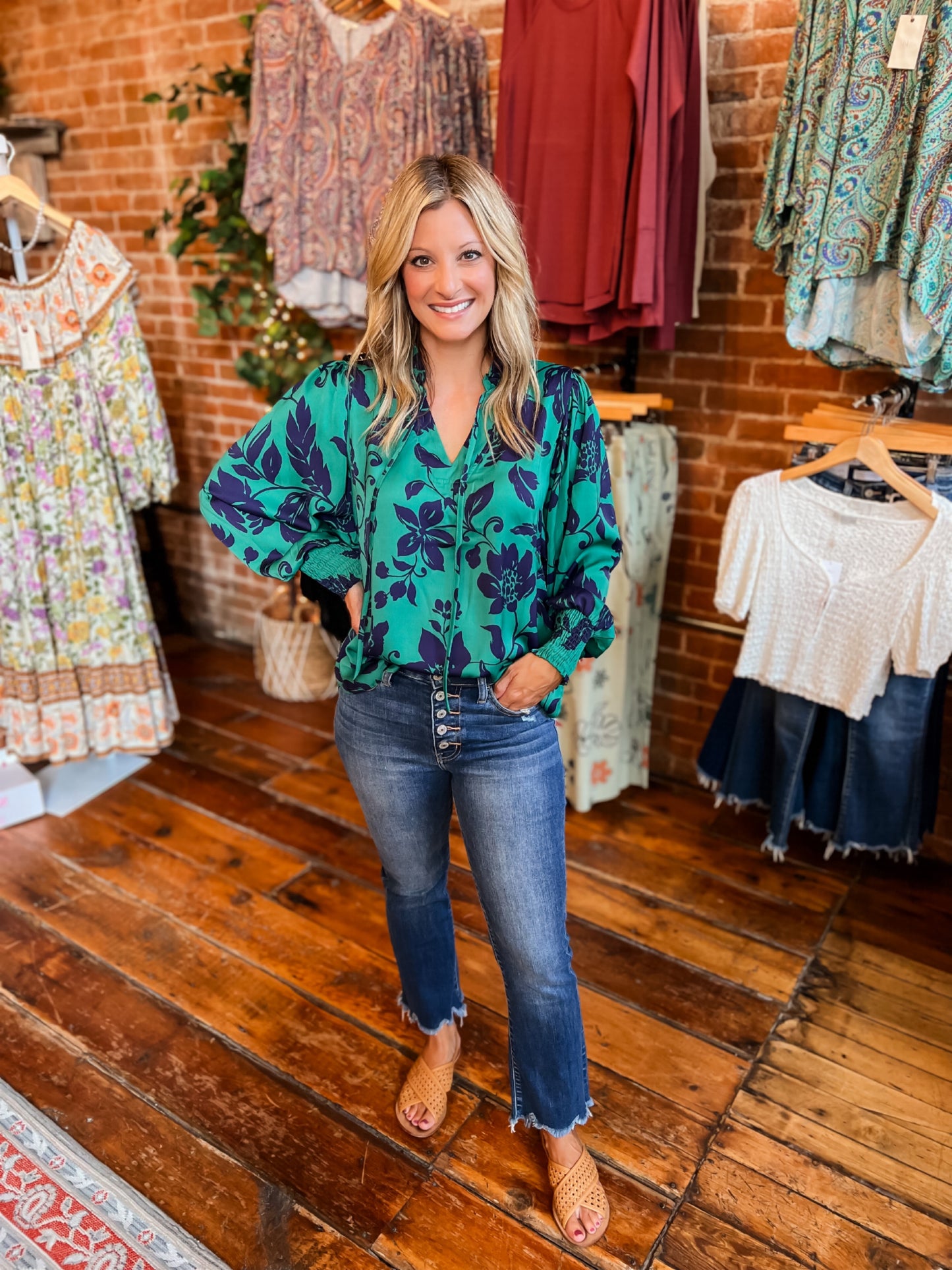 Fall Feels Print Top Emerald