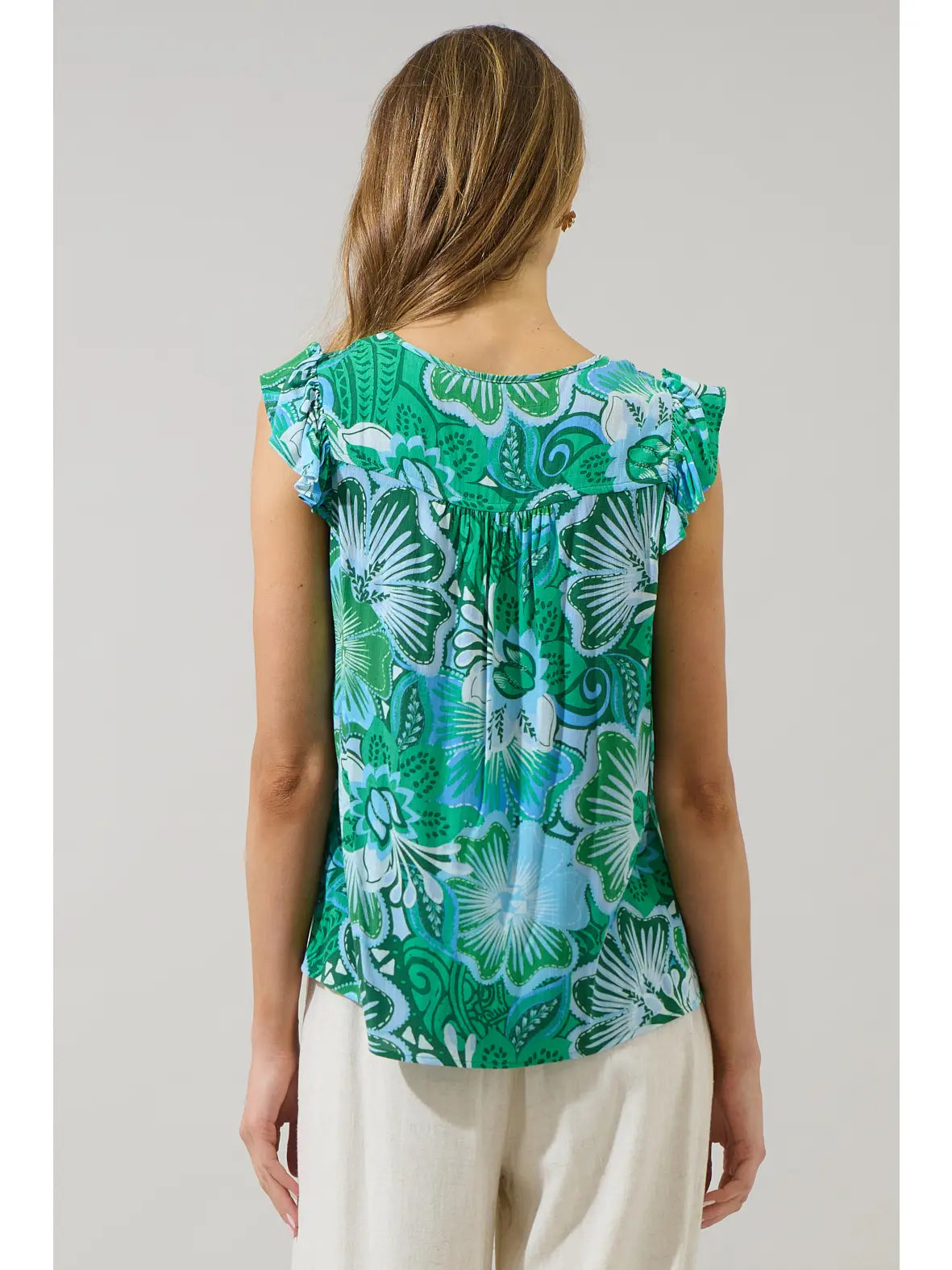 Ismay Floral Ruffle Top Green and Blue