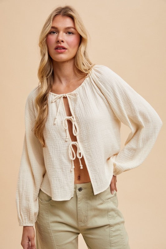 Cotton Gauze Tie Front Long Sleeve