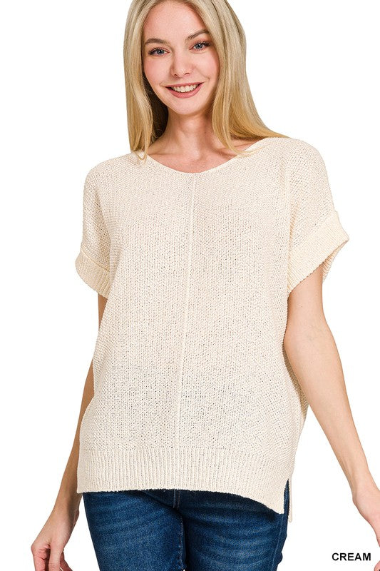 Center Seam Short Sleeve Knit Sweater