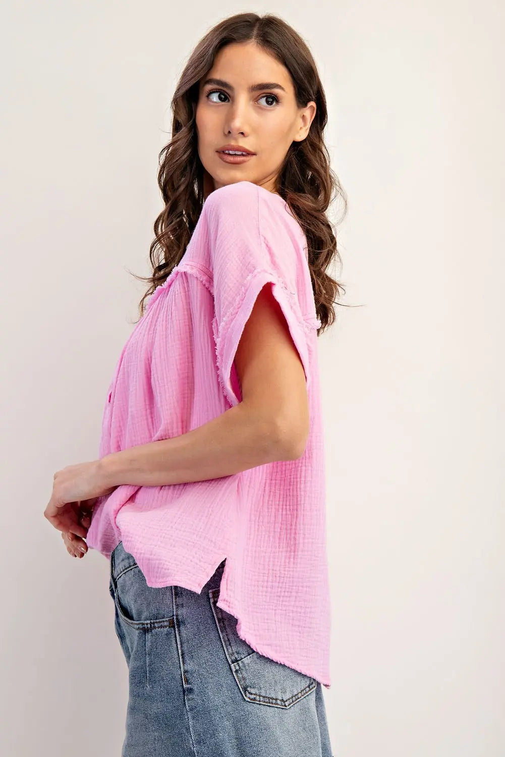 Pink Cotton Gauze Short Sleeve