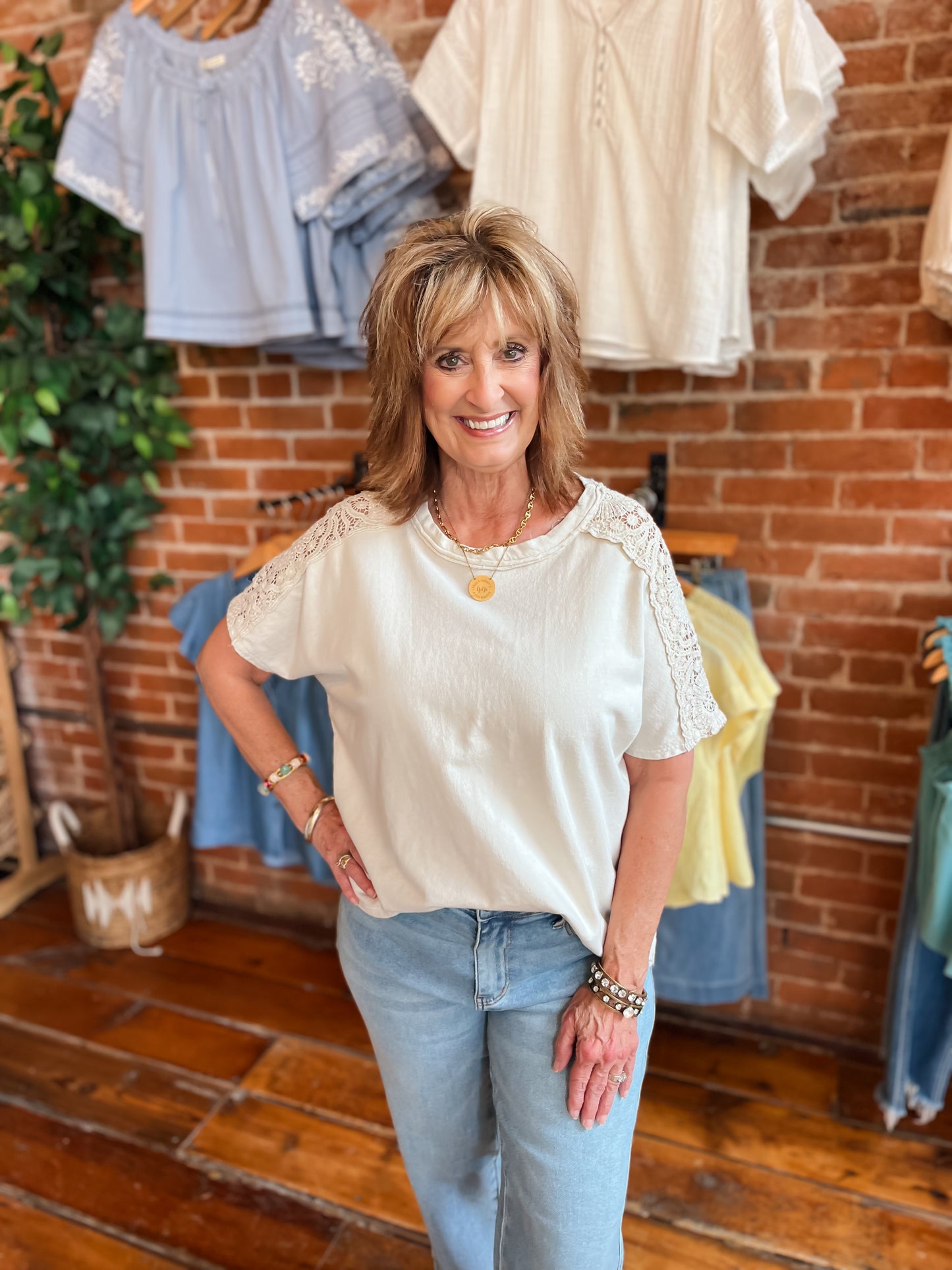 Mineral Wash Natural Lace Shoulder Tee