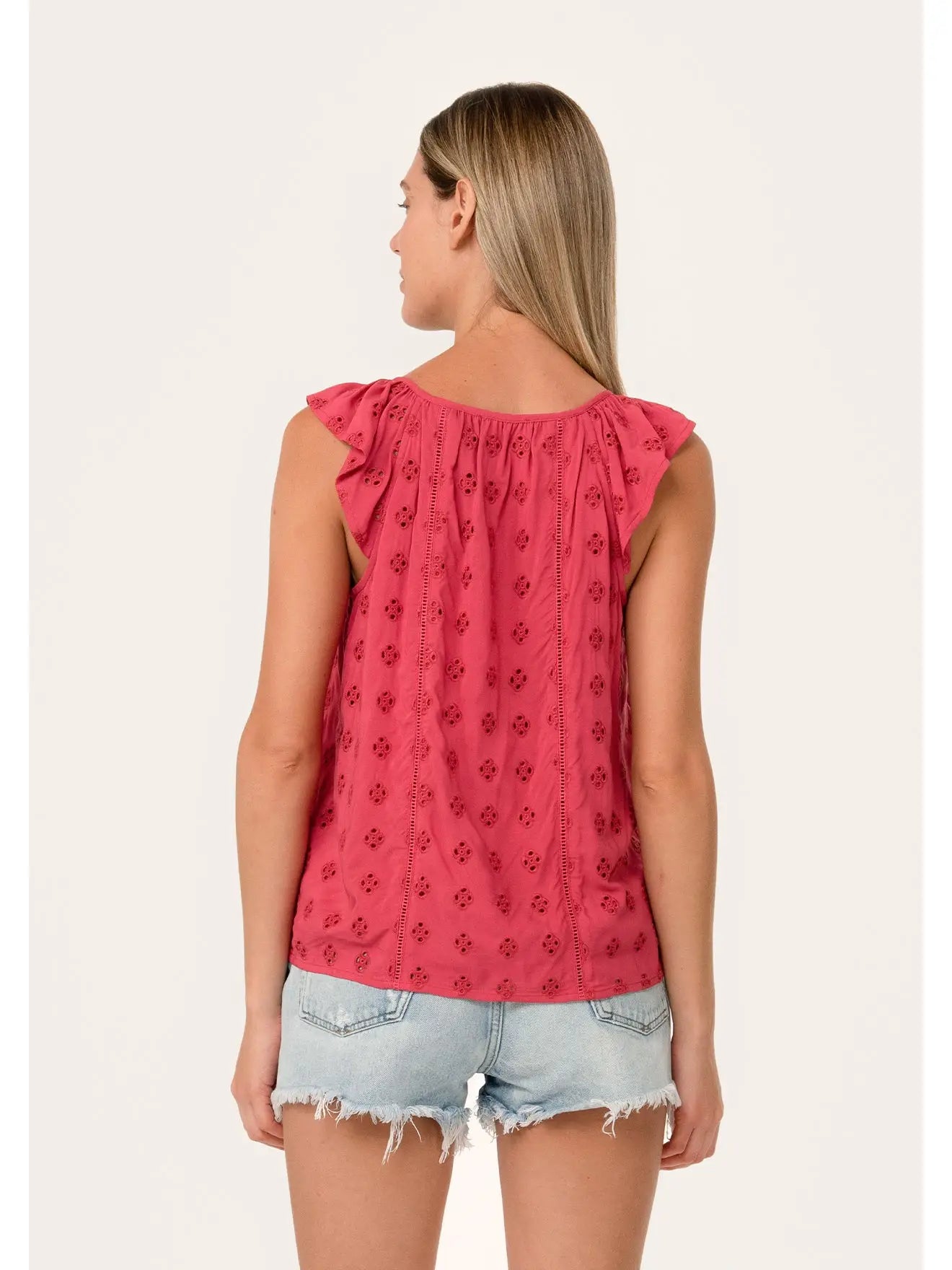 Eyelet Ruffle Scoop Neck Tank