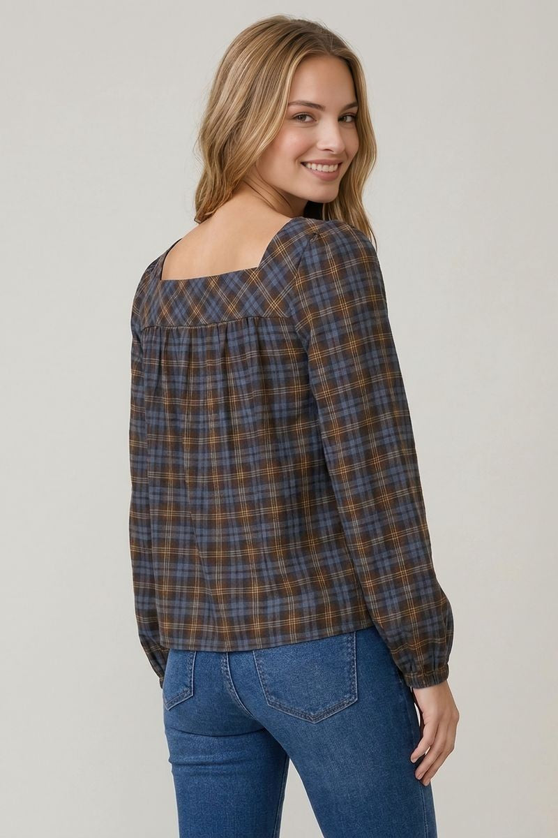 Blue and Brown Plaid Button Front Top