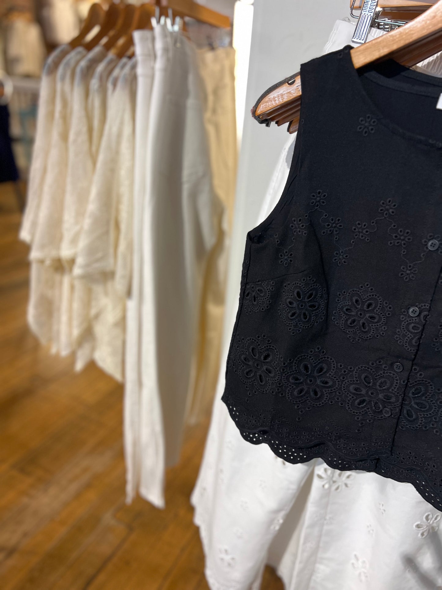 Black Embroidered Scalloped Cotton Tank