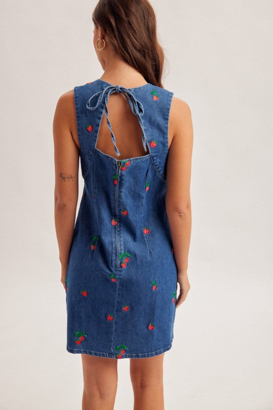 Cutout Back Strawberry Soft Denim Dress