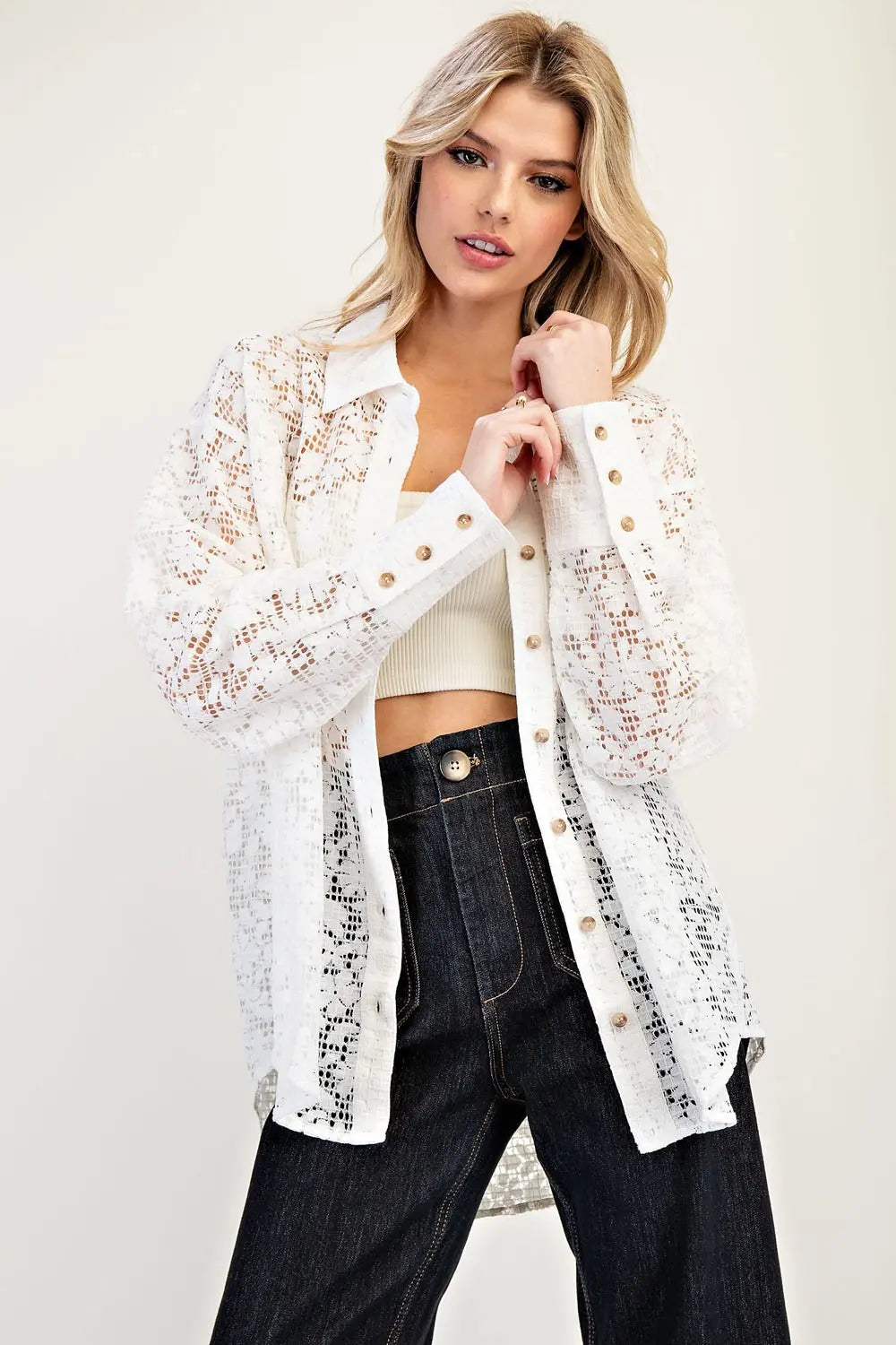 Off White Lace Button Up Top