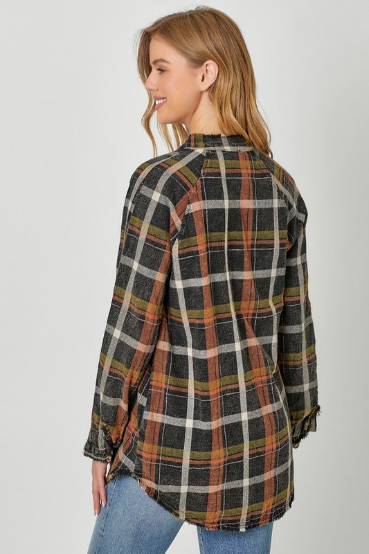 Washed Black Mix Flannel Hoodie