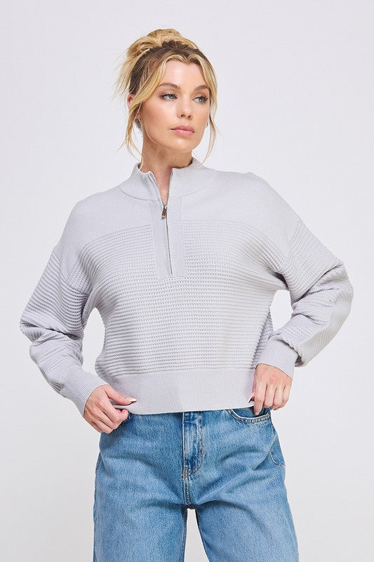 Dolman Half Zip Texture Ribbed Sweater