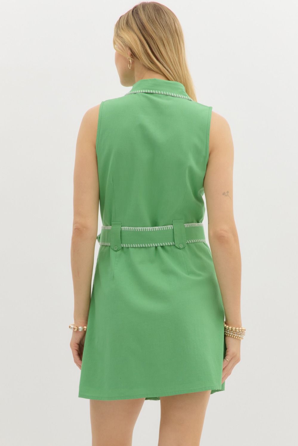 Belted Whipstitch Trim Green Dress