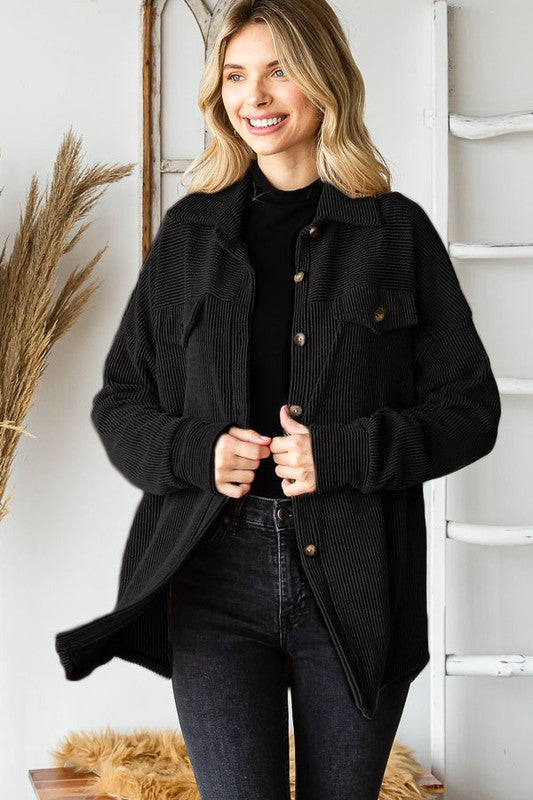 Black Ribbed Button Up Jacket