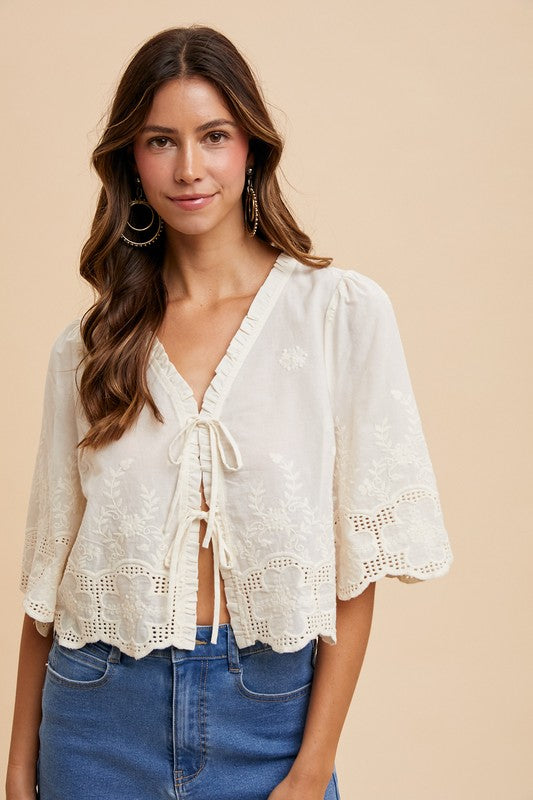 Cotton Embroidered Tie Front Top