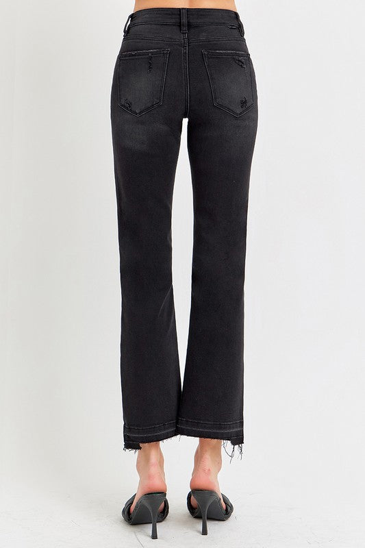 Black Mid Rise Ankle Distressed Hem Denim