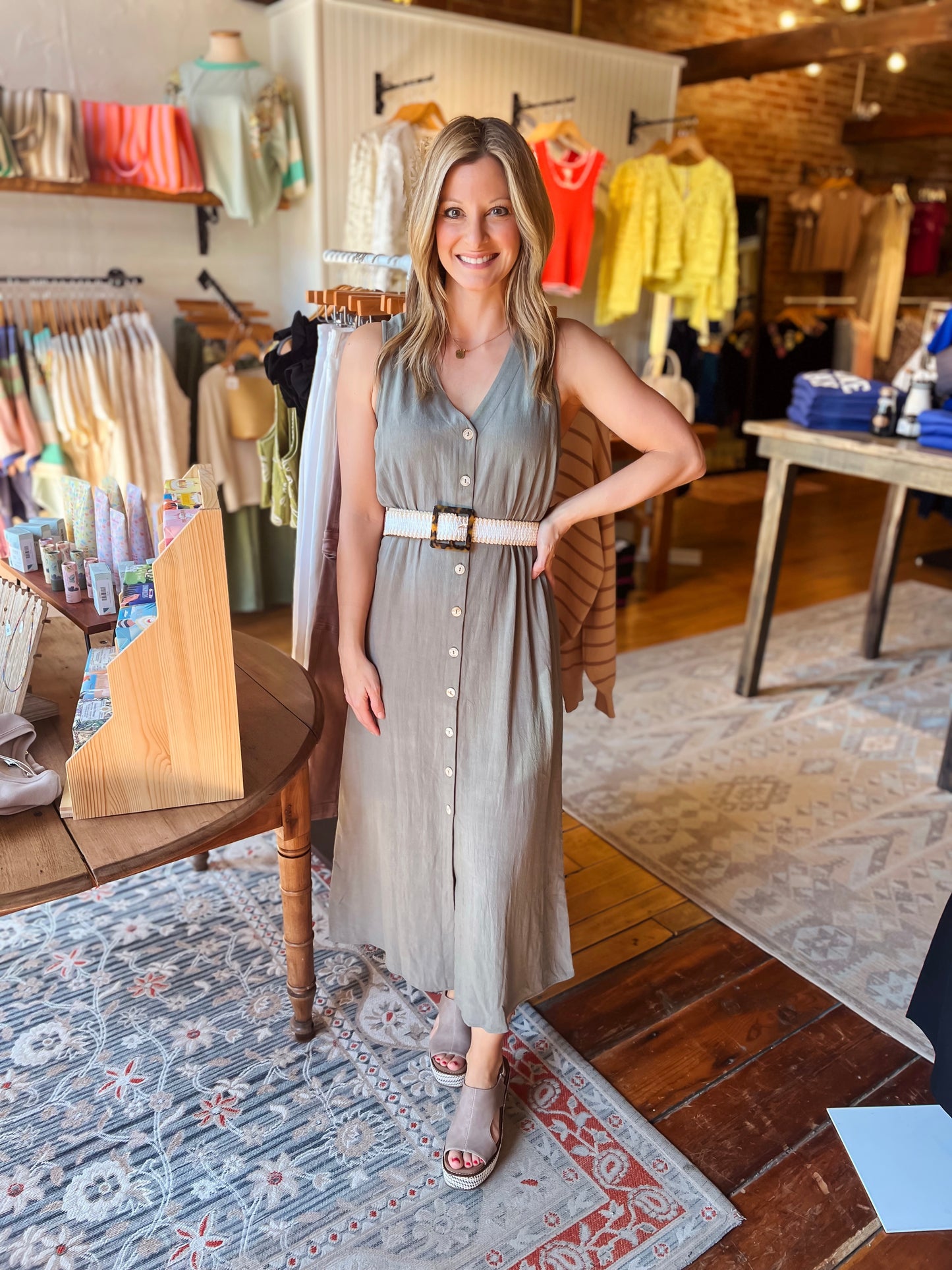 Olive Button Down Cotton/Linen Dress