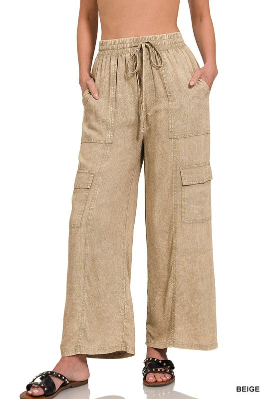 Washed Linen Elastic Cargo Pants