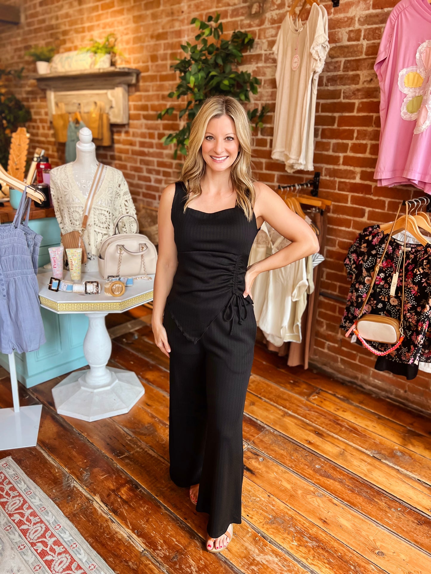 Black knit square neck top and wide leg pant set