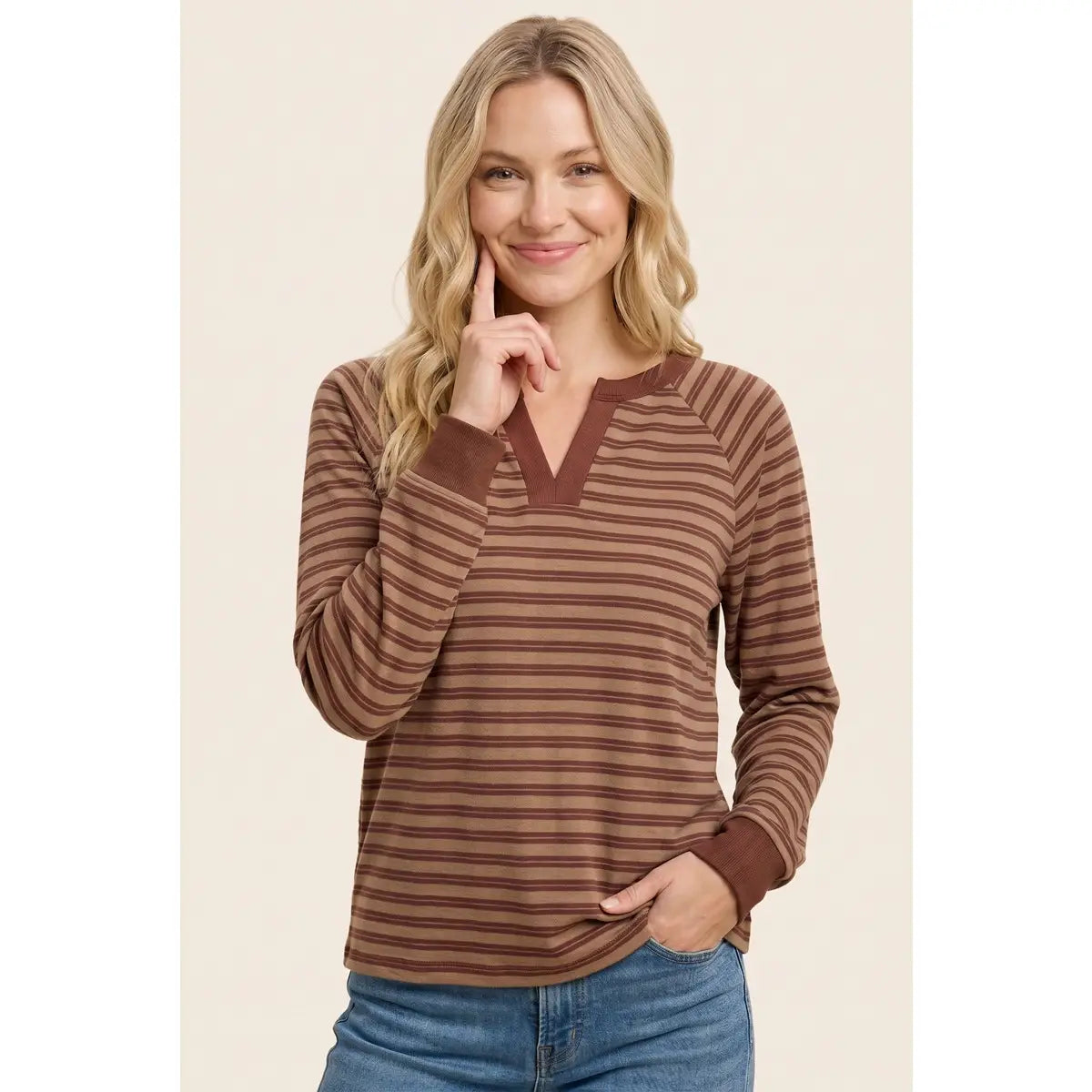 Camel/Berry Striped Split Neck Top
