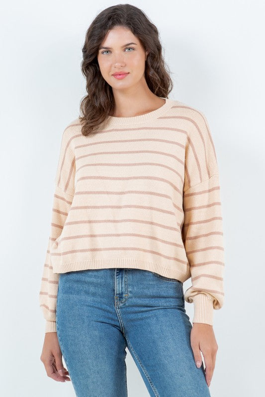 Mocha Stripe Round Neck Sweater