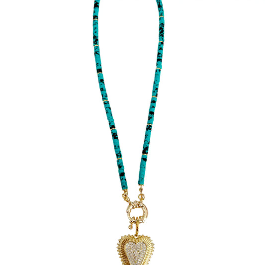 Beaded Turquoise Necklace W Heart Charm