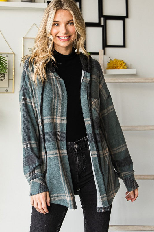Button Down Plaid Hooded Jacket