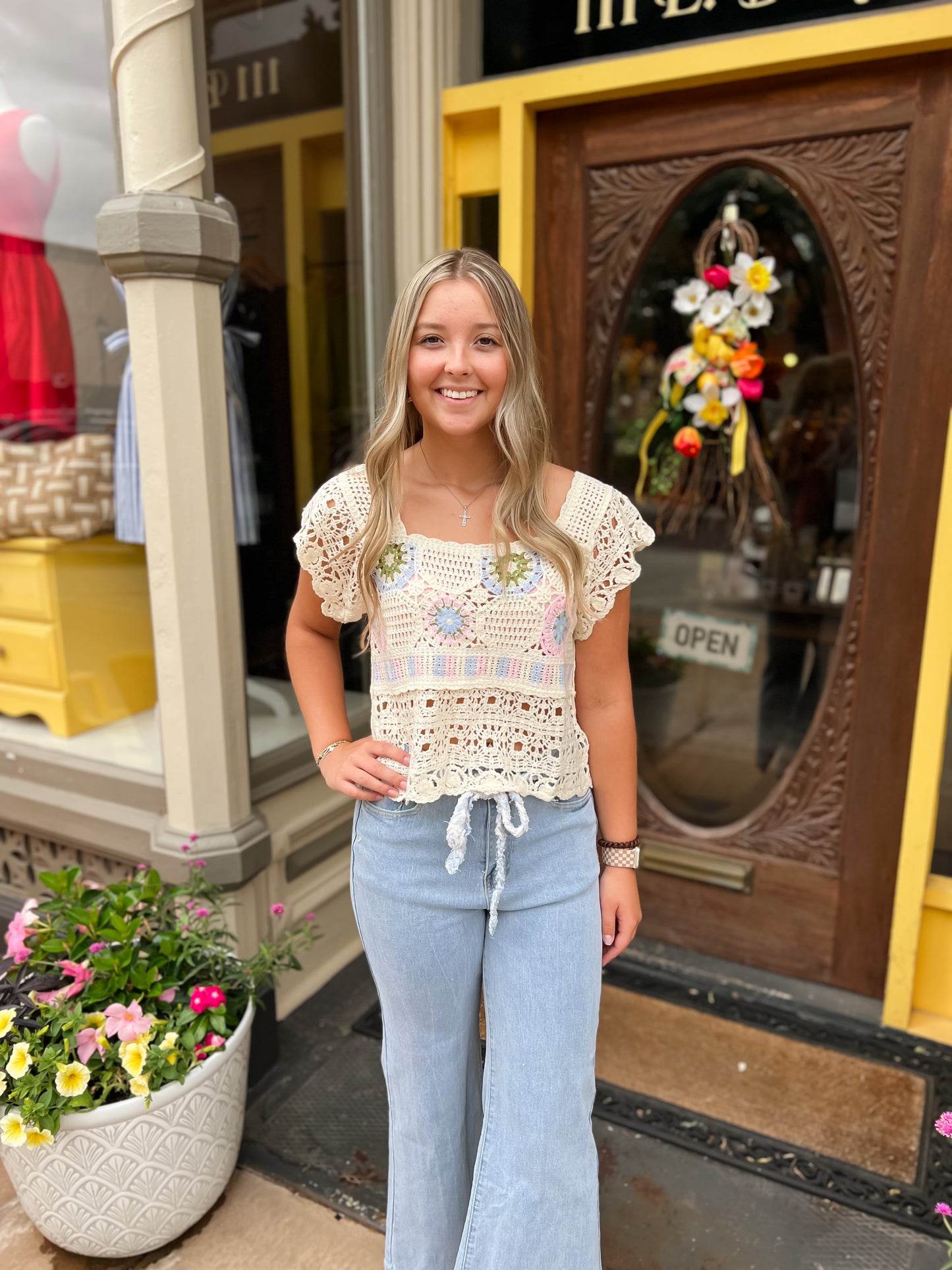 Crochet Knit Square Neck Top