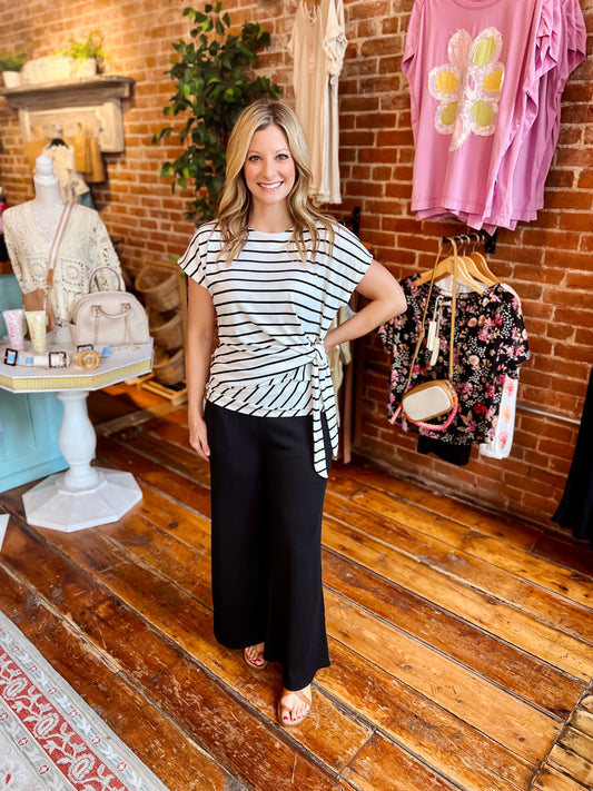 White and Black Stripe Tie Front Top