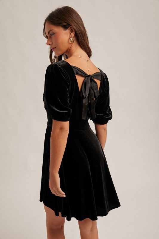 Square Neck Tie Back Velvet Dress
