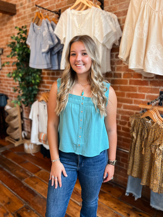 Teal Lace Trim Square Neck Top