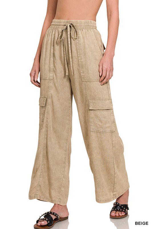 Washed Linen Elastic Cargo Pants
