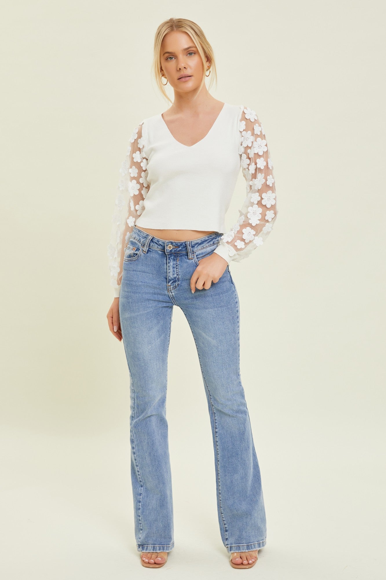 White Floral Sheer Sleeve Sweater