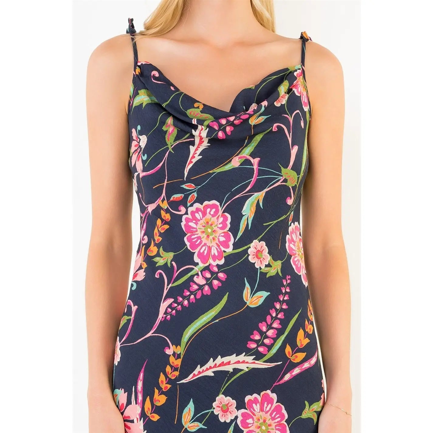 Navy Floral Tie Shoulder Dress