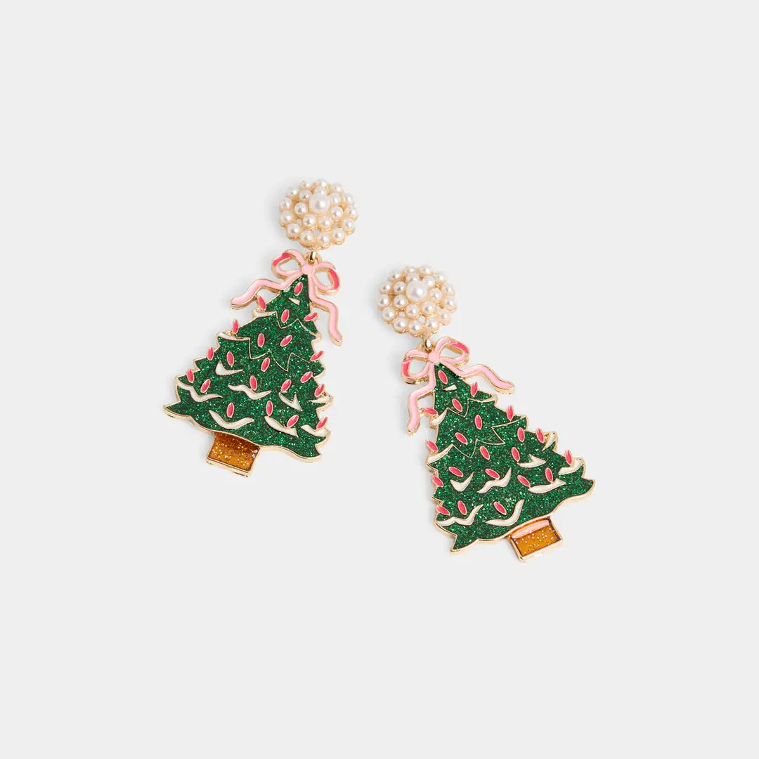 Christmas Tree Pink Bow Earrings
