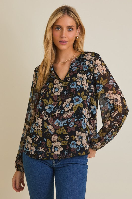 Black Multi Floral Notch Neck Top