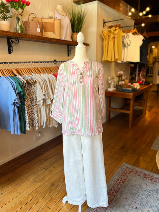 Double Cloth Stripe Button Top