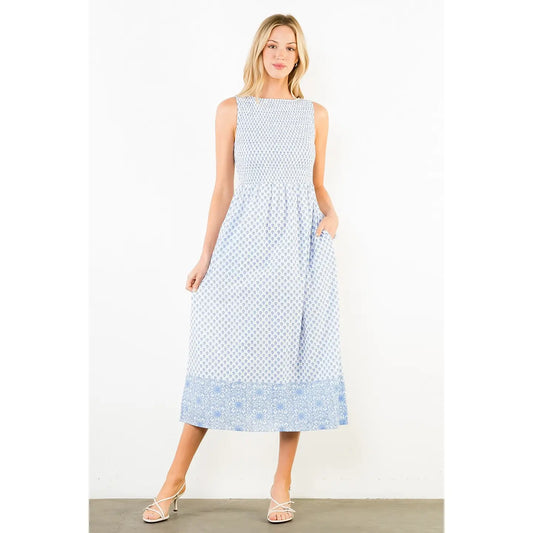 Smocked Blue Floral Pattern Cotton Dress