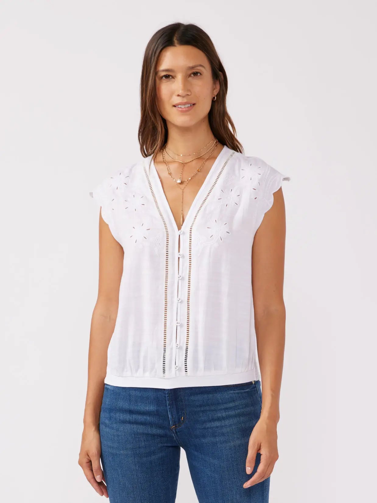 Embroidered Button Front Cutout Top