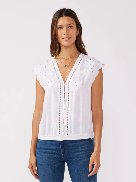 Embroidered Button Front Cutout Top